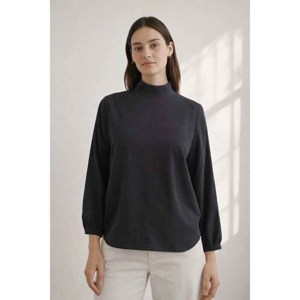Everlane Womens Cupro Mockneck Blouse Sz 2 Washed Black Textured Top Minimalist